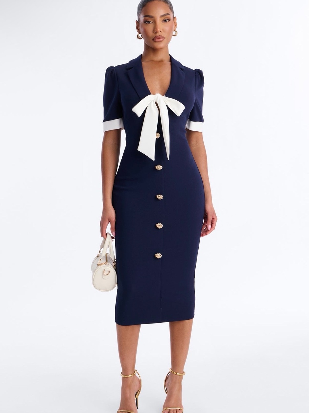 Fashion Nova Navy Midi Dress with Ivory Bow